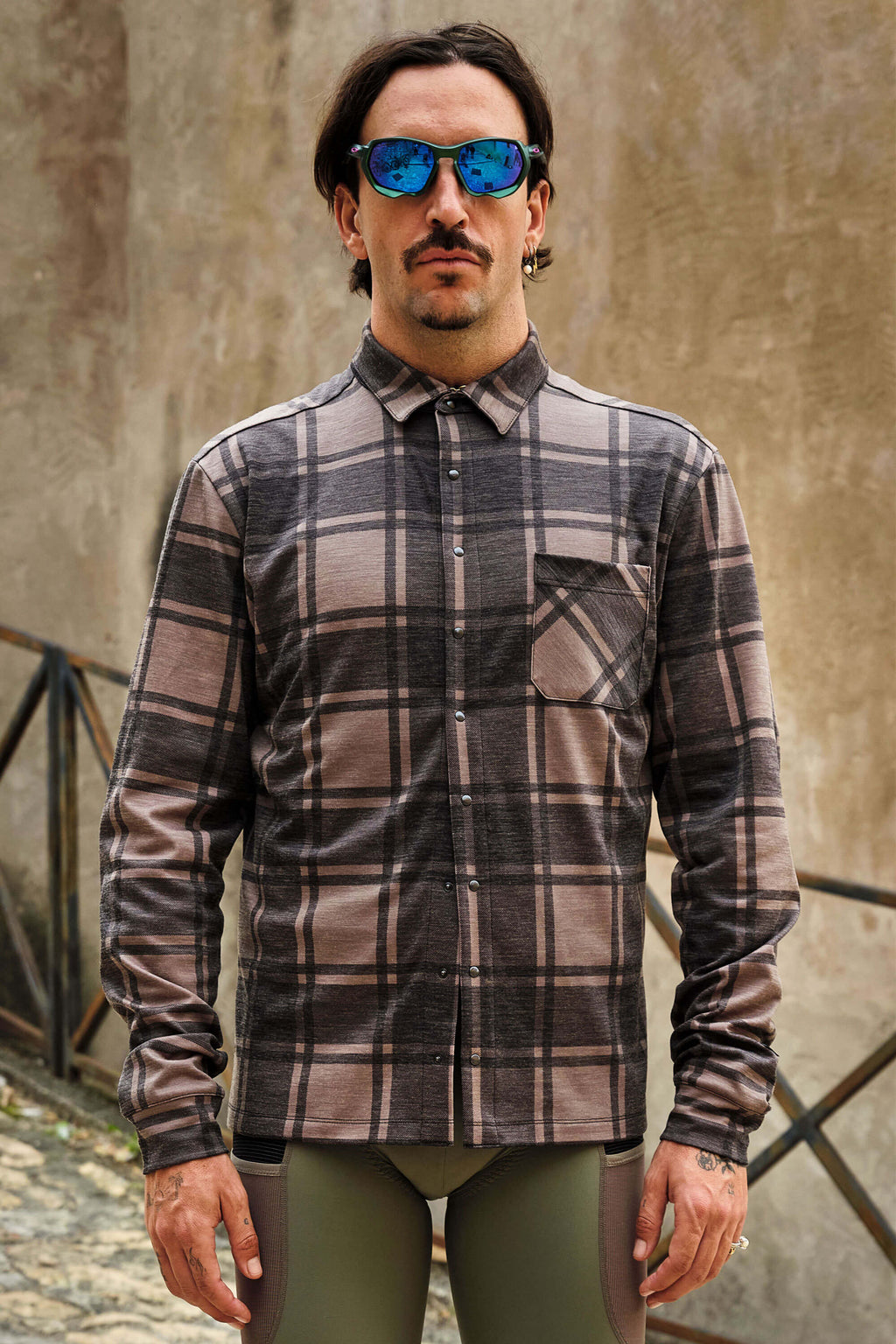 Beyond Gravel Button Down Wool Long Sleeve Shirt by Giordana Cycling, OLIVE, Made in Italy