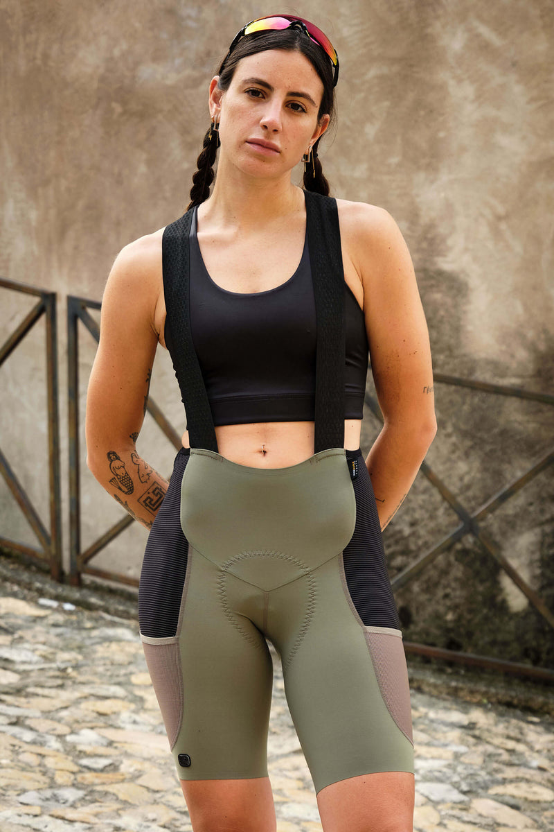 Women's Beyond Gravel Cargo Bib Short by Giordana Cycling, OLIVE, Made in Italy
